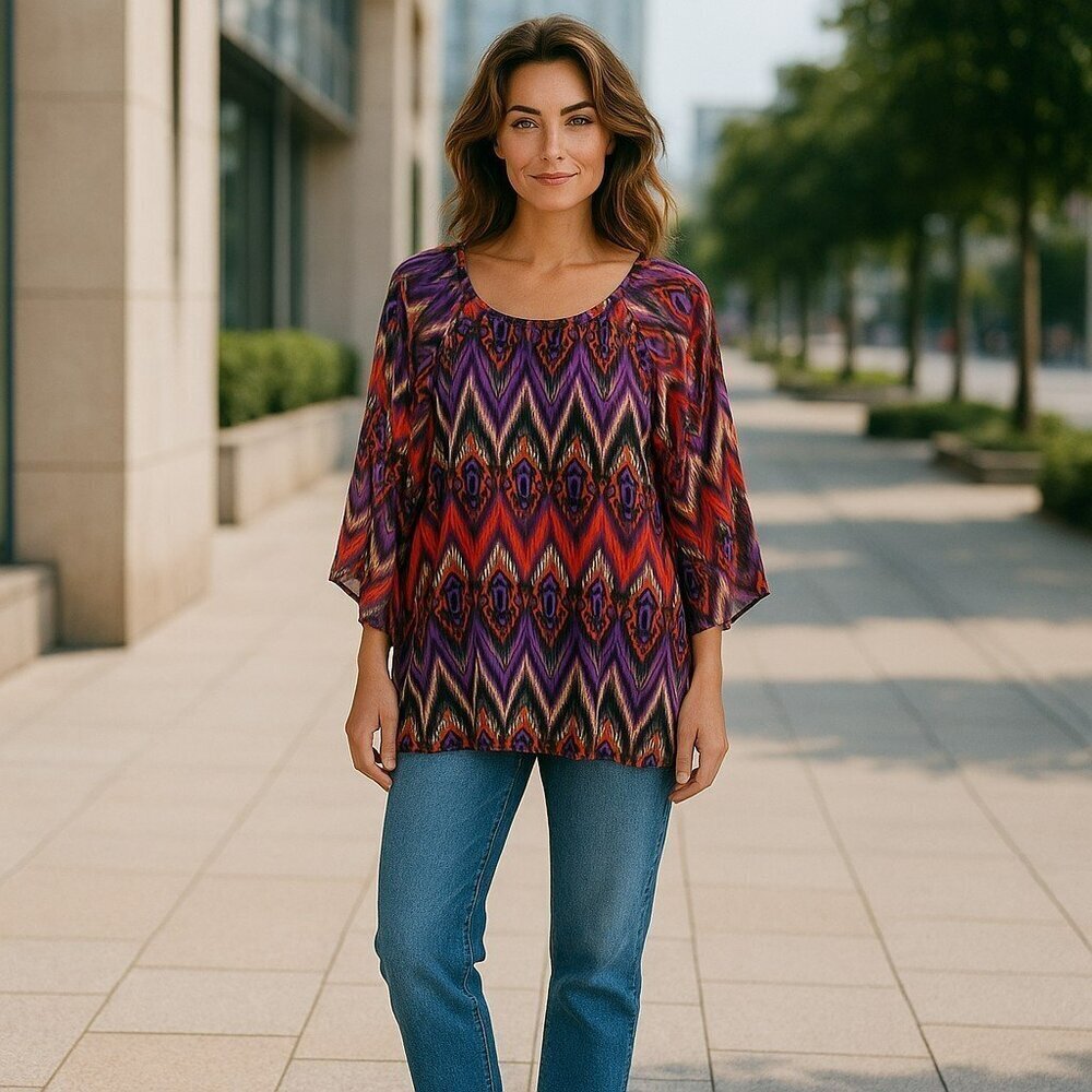 Umgee Large Multicolor Printed Boho Long Flared Sleeve Tunic Blouse Top Shirt